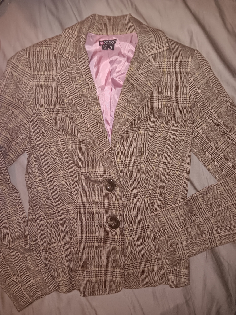 XOXO Plaid Two-Button Tan Blazer with Pink Lining